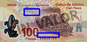Sealizacin de la ubicacin de textos microimpresos en el anverso del billete de 100 pesos de la familia F, conmemorativo de la Revolucin Mexicana