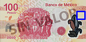 Sealizacin de la ubicacin de textos microimpresos en el reverso del billete de 100 pesos de la familia F, conmemorativo de la Revolucin Mexicana