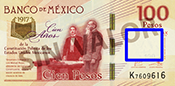 Sealizacin de la ubicacin de la marca de agua en el billete de 100 pesos de la familia F, conmemorativo de la Constitucin de 1917