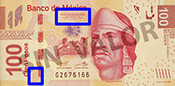 Sealizacin de la ubicacin de textos microimpresos en el anverso del billete de 100 pesos de la familia F