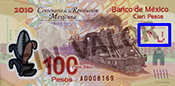 Sealizacin de la ubicacin del registro perfecto en el billete de 100 pesos de la familia F, conmemorativo de la Revolucin Mexicana