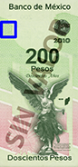 Sealizacin de la ubicacin de textos microimpresos en el reverso del billete de 200 pesos de la familia F, conmemorativo de la Independencia