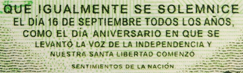 Texto decreciente en el anverso del billete de 200 pesos de la familia F, conmemorativo de la Independencia de Mxico