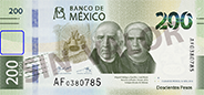 Sealizacin de la ubicacin de un ejemplo de fondos lineales en el anverso del billete de 200 pesos de la familia G