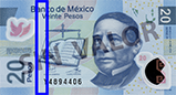 Sealizacin de la ubicacin del hilo microimpreso en el billete de 20 pesos de la familia F