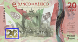 Sealizacin de la ubicacin de la denominacin multicolor en el billete de 20 pesos conmemorativo del bicentenario de la independencia nacional