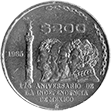 Reverso de la moneda de 200 pesos de la familia AA, 175 aniversario de la Independencia de Mxico