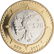Reverso de la moneda de 20 pesos de la familia C, conmemorativa del cambio de milenio, Seor del Fuego