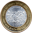 Reverso de la moneda de 100 pesos, conmemorativa de la primera edicin de Don Quijote de la Mancha