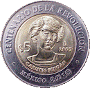 Reverso de la moneda de 5 pesos, conmemorativa del centenario de la Revolucin, Carmen Serdn