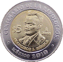 Reverso de la moneda de 5 pesos, conmemorativa del centenario de la Revolucin, Francisco J. Mgica