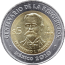 Reverso de la moneda de 5 pesos, conmemorativa del centenario de la Revolucin, Francisco I. Madero