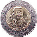 Reverso de la moneda de 5 pesos, conmemorativa del centenario de la Revolucin, Molina Enrquez