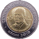 Reverso de la moneda de 5 pesos, conmemorativa del centenario de la Revolucin, ??lvaro Obregn
