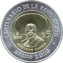 Reverso de la moneda de 5 pesos, conmemorativa del centenario de la Revolucin, Emiliano Zapata
