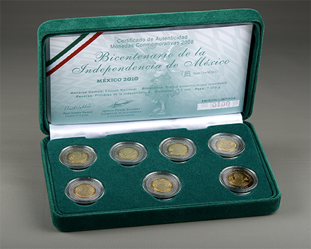 Coleccin de 7 monedas de curso legal sin circular, conmemorativas de la independencia de Mxico, cuo 2008.
