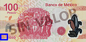 Sealizacin de la ubicacin de un ejemplo de fondos lineales en el reverso del billete de 100 pesos de la familia F, conmemorativo de la Revolucin
