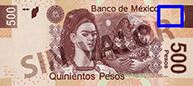 Sealizacin de la ubicacin de un ejemplo de fondos lineales en el reverso del billete de 500 pesos de la familia F