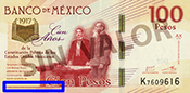 Señalización de la ubicación de textos microimpresos en el anverso del billete de 100 pesos de la familia F, conmemorativo de la Constitución de 1917