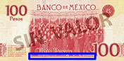 Señalización de la ubicación de textos microimpresos en el reverso del billete de 100 pesos de la familia F, conmemorativo de la Constitución de 1917