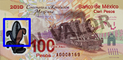 Señalización de la ubicación de la ventana transparente en el billete de 100 pesos de la familia F, conmemorativo de la Revolución Mexicana