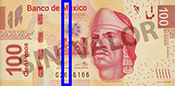 Señalización de la ubicación del hilo de seguridad en el billete de 100 pesos de la familia F
