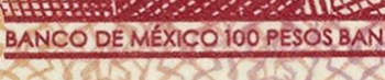 Detalle de texto microimpreso del reverso del billete de 100 pesos de la familia F, conmemorativo de la Constitución de 1917