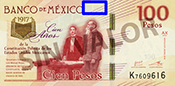 Señalización de la ubicación de un ejemplo de fondos lineales en el anverso del billete de 100 pesos de la familia F, conmemorativo de la Constitución