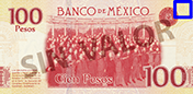 Señalización de la ubicación de un ejemplo de fondos lineales en el reverso del billete de 100 pesos de la familia F, conmemorativo de la Revolución