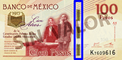 Señalización de la ubicación del hilo con efecto cierre en el billete de 100 pesos de la familia F, conmemorativo de la Constitución de 1917