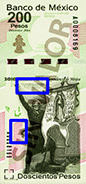 Señalización de la ubicación de textos microimpresos en el anverso del billete de 200 pesos de la familia F, conmemorativo de la Independencia