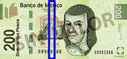 Señalización de la ubicación del hilo de seguridad en el billete de 200 pesos de la familia F