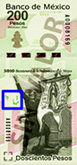 Señalización de la ubicación del registro perfecto en el billete de 200 pesos de la familia F, conmemorativo de la Independencia de México