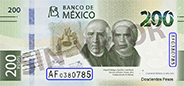 Señalización de la ubicación de los folios en el billete de 200 pesos de la familia G