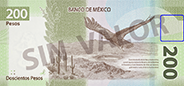 Señalización de la ubicación de un ejemplo de fondos lineales en el reverso del billete de 200 pesos de la familia G