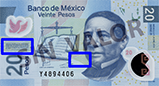 Señalización de la ubicación de textos microimpresos en el anverso del billete de 20 pesos de la familia F