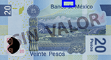 Señalización de la ubicación de textos microimpresos en el reverso del billete de 20 pesos de la familia F
