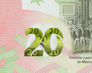Animación del efecto de la denominación multicolor en el billete de 20 pesos conmemorativo del bicentenario de la independencia nacional