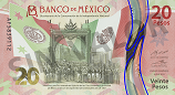 Señalización de la ubicación del elemento que cambia de color en el billete de 20 pesos conmemorativo del bicentenario de la independencia nacional