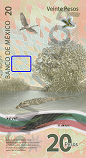 Señalización de la ubicación de un ejemplo de fondo lineal en reverso del billete de 20 pesos conmemorativo del bicentenario de la independencia nacional