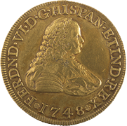 Anverso de la moneda de oro virreinal pelucona