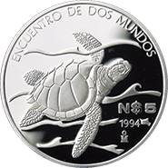 Reverso de la moneda tortuga golfina de la serie Iberoamericana de plata en acabado espejo
