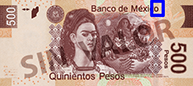 Señalización de la ubicación de textos microimpresos en el reverso del billete de 500 pesos de la familia F