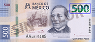 Señalización de la ubicación de la denominación multicolor en el billete de 500 pesos de la familia G