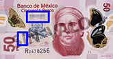 Señalización de la ubicación de textos microimpresos en el anverso del billete de 50 pesos de la familia F1