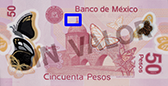 Señalización de la ubicación de textos microimpresos en el reverso del billete de 50 pesos de la familia F1