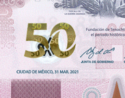 Animación del efecto de la denominación multicolor en el billete de 50 pesos de la familia G