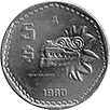 Reverso de la moneda de 5 pesos de la familia AA, Quetzalcóatl