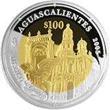Reverso de la moneda bimetlica conmemorativa de la Unin de los Estados en una Federacin, segunda fase, emblemtica, Aguascalientes