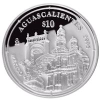 Reverso de la moneda de plata conmemorativa de la Unin de los Estados en una Federacin, segunda fase, emblemtica, Aguascalientes